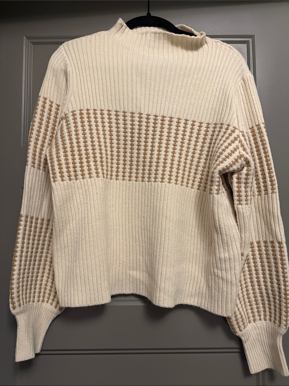 French Connection Cream & Tan Ribbed Mock-Neck Sweater